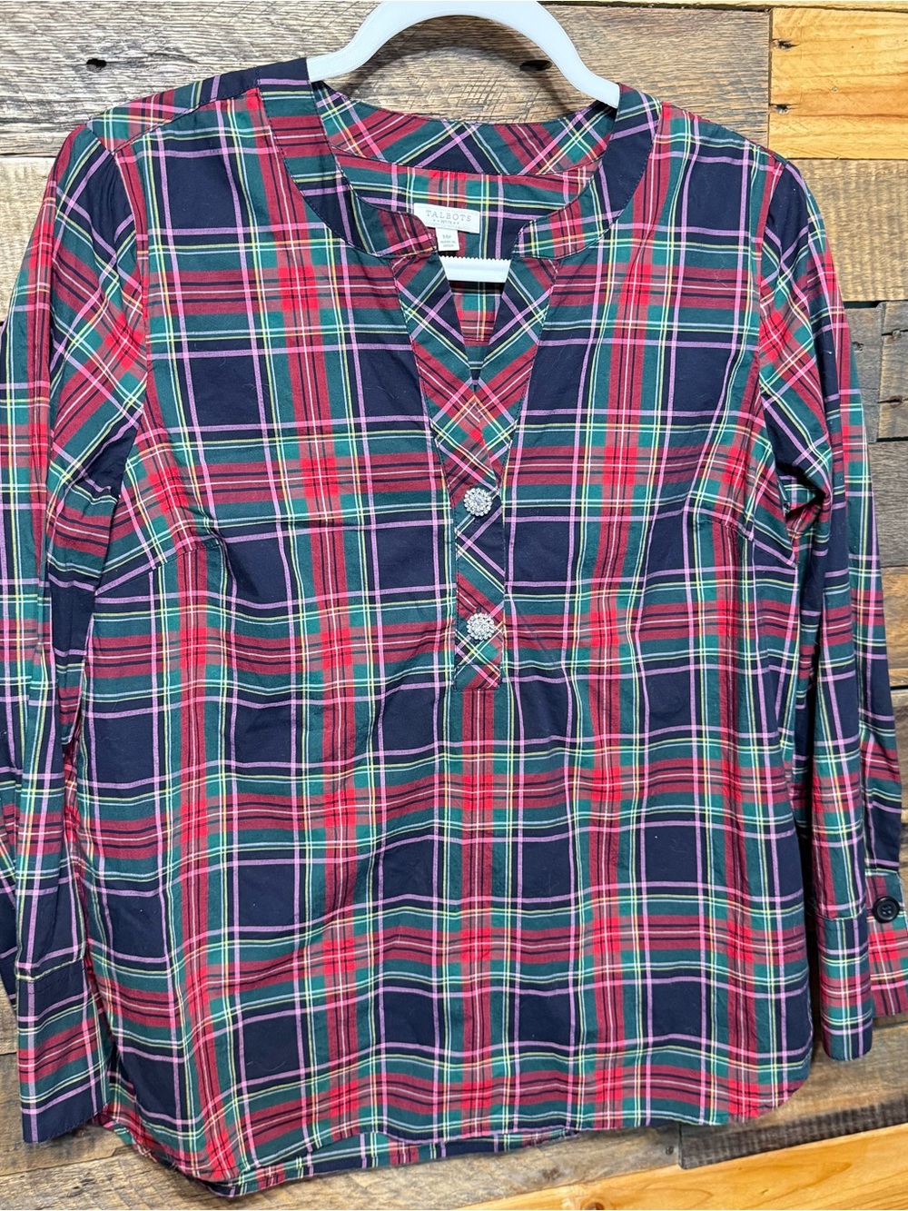 Talbots Womens MP Medium Petite Red Green Plaid Jeweled Button Cotton Tunic Top